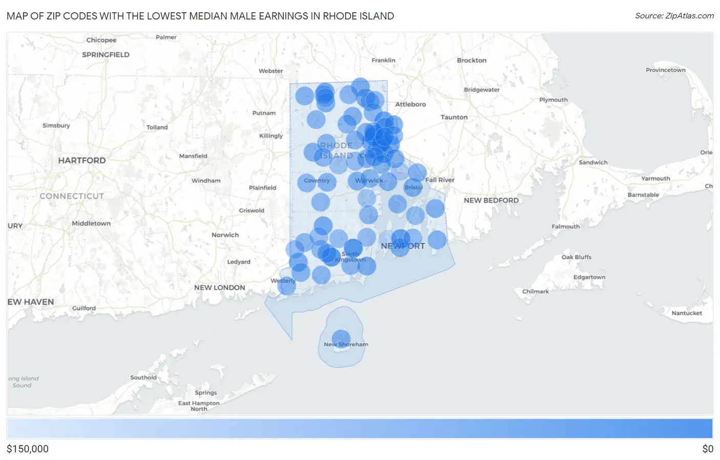 Zip Codes with the Lowest Median Male Earnings in Rhode Island Map