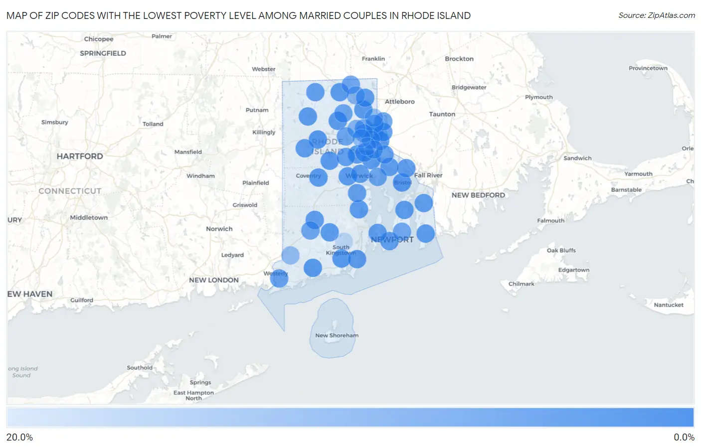 Zip Codes with the Lowest Poverty Level Among Married Couples in Rhode Island Map