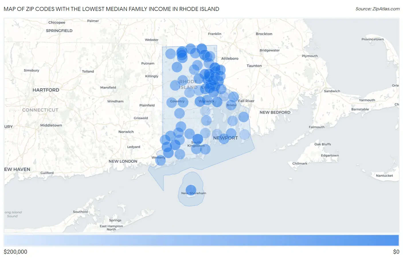 Zip Codes with the Lowest Median Family Income in Rhode Island Map