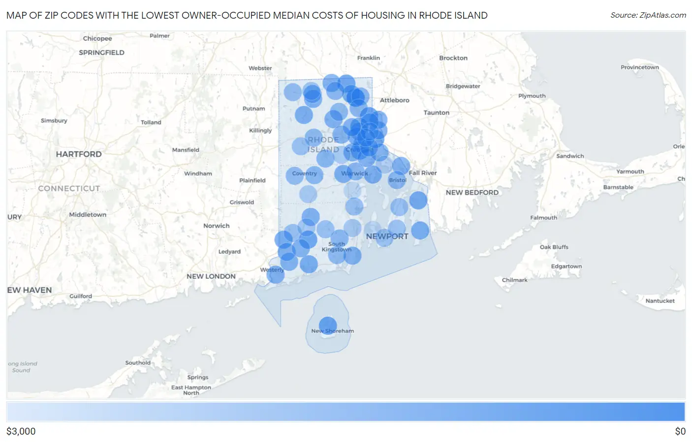 Zip Codes with the Lowest Owner-Occupied Median Costs of Housing in Rhode Island Map