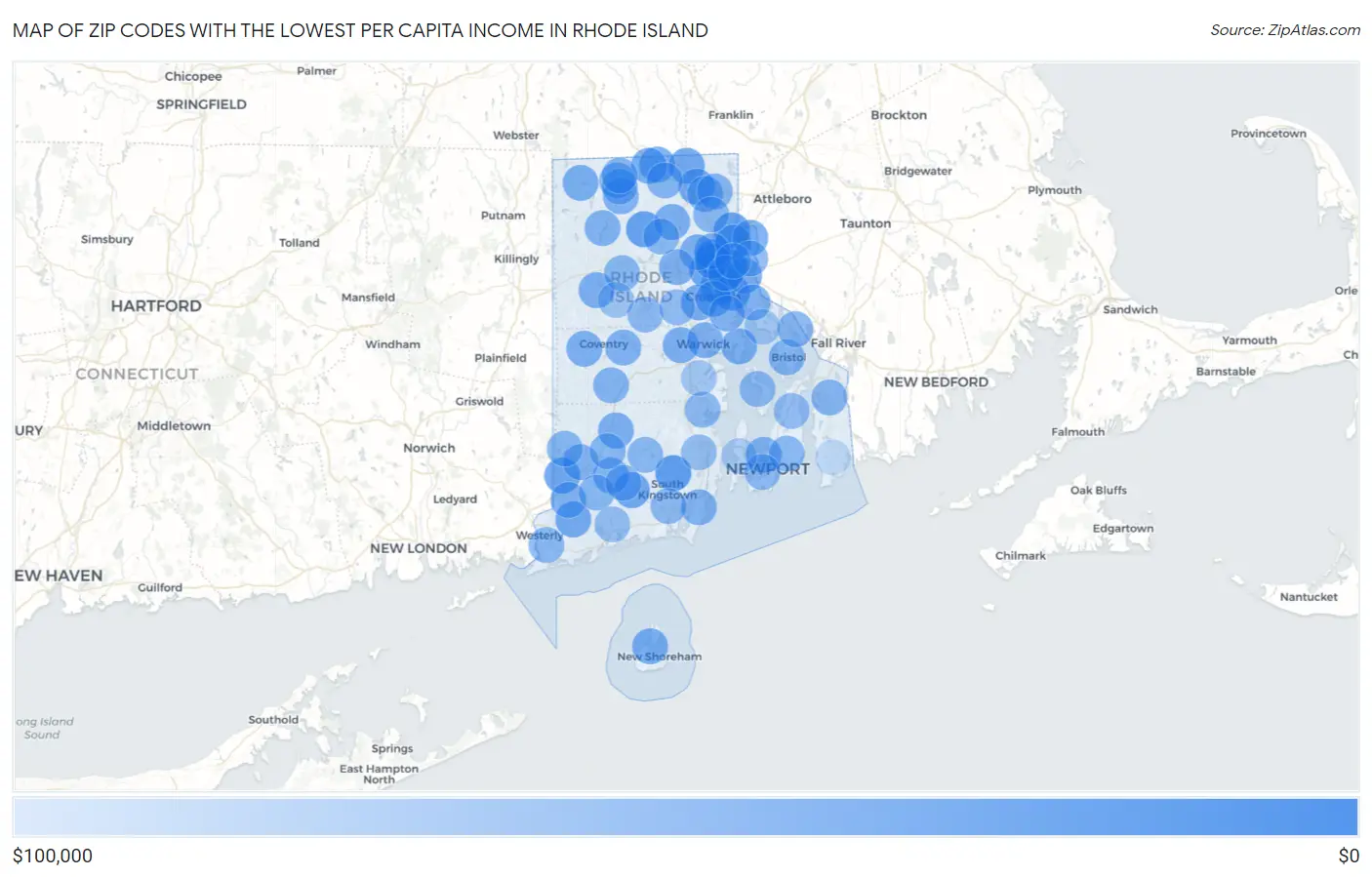 Zip Codes with the Lowest Per Capita Income in Rhode Island Map