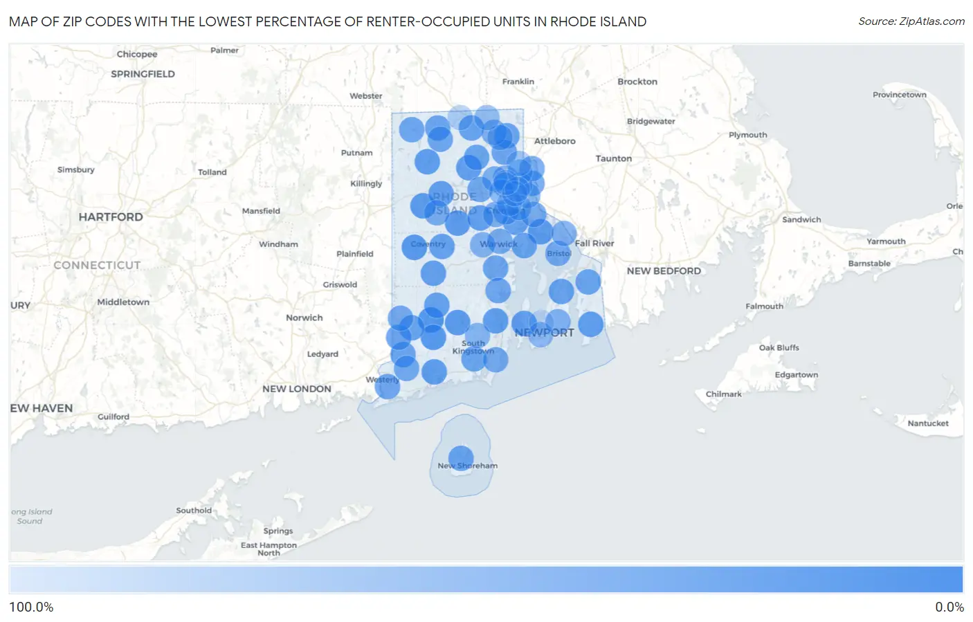 Zip Codes with the Lowest Percentage of Renter-Occupied Units in Rhode Island Map