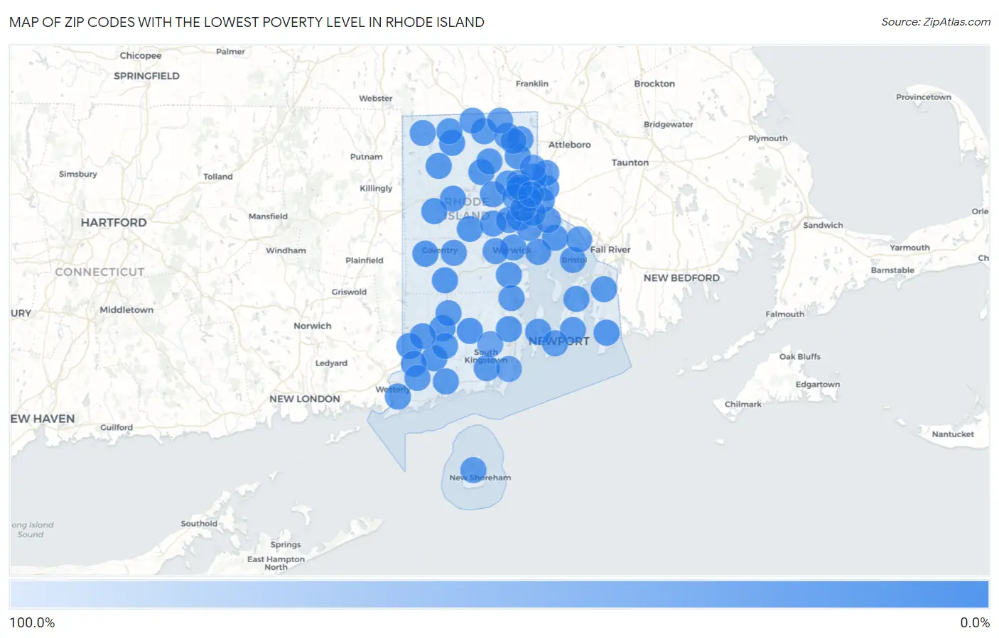 Zip Codes with the Lowest Poverty Level in Rhode Island Map