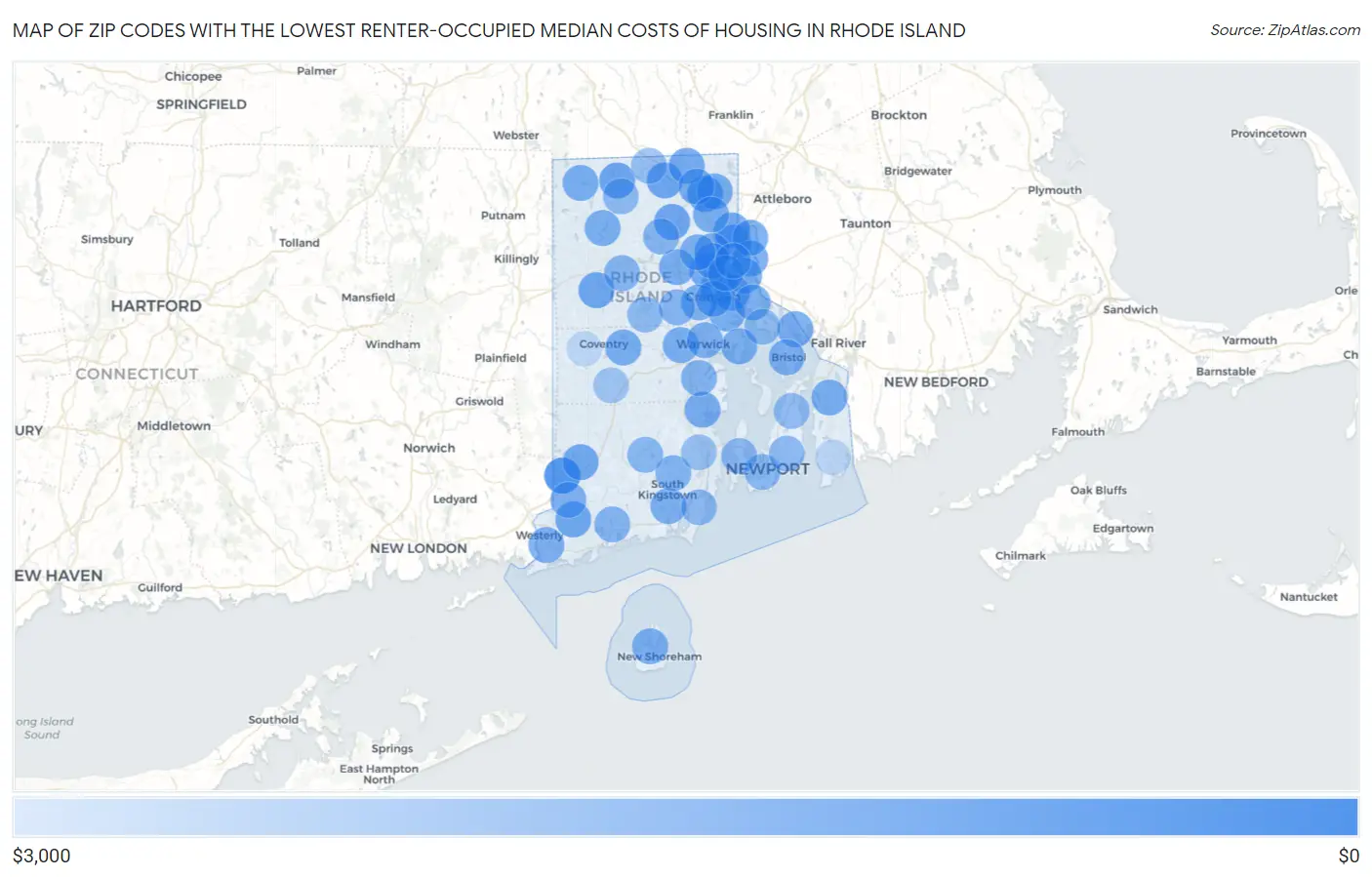 Zip Codes with the Lowest Renter-Occupied Median Costs of Housing in Rhode Island Map