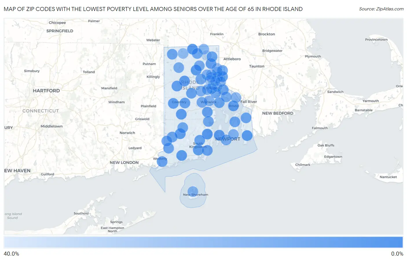 Zip Codes with the Lowest Poverty Level Among Seniors Over the Age of 65 in Rhode Island Map