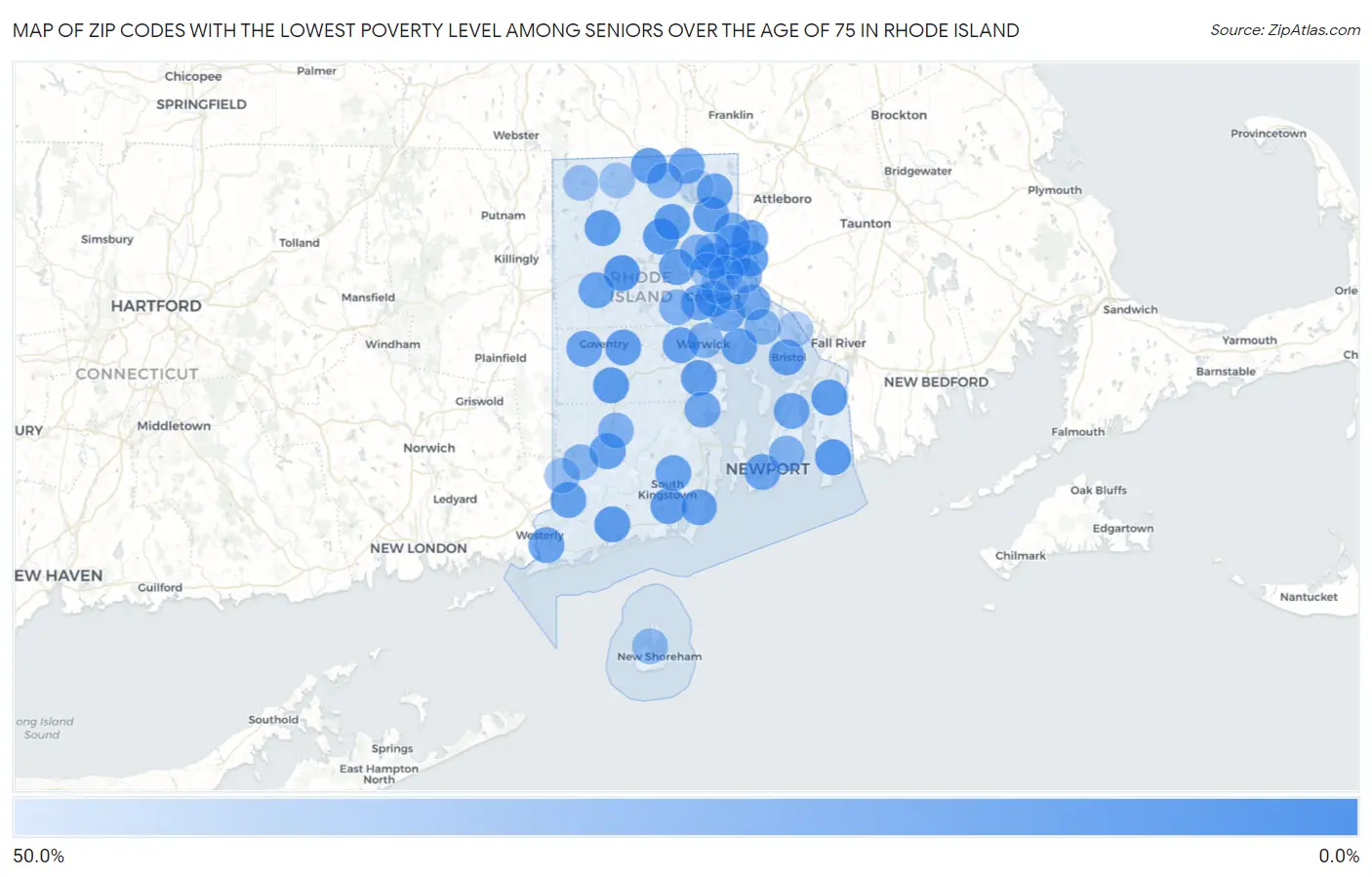 Zip Codes with the Lowest Poverty Level Among Seniors Over the Age of 75 in Rhode Island Map