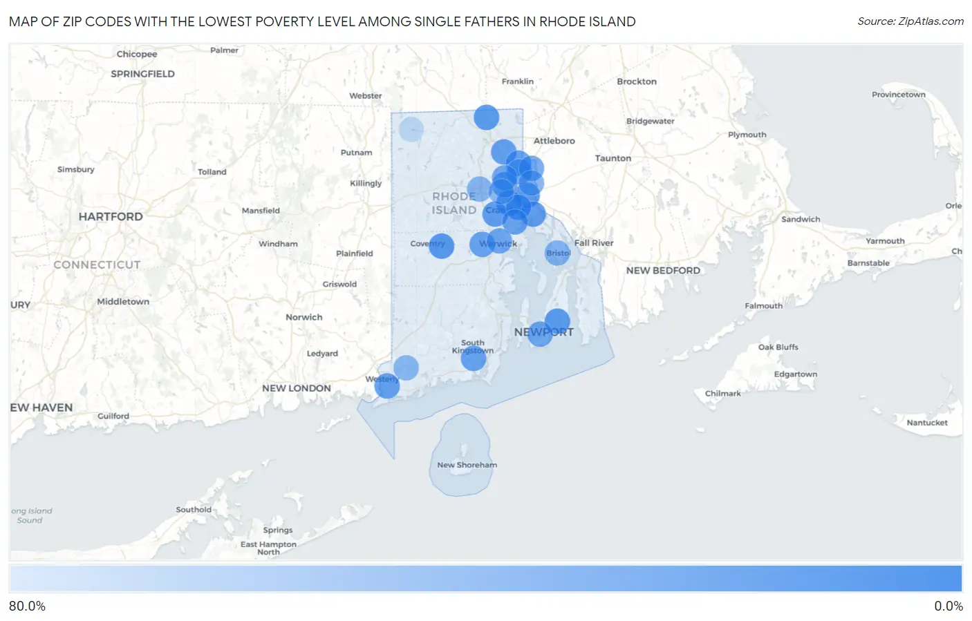 Zip Codes with the Lowest Poverty Level Among Single Fathers in Rhode Island Map