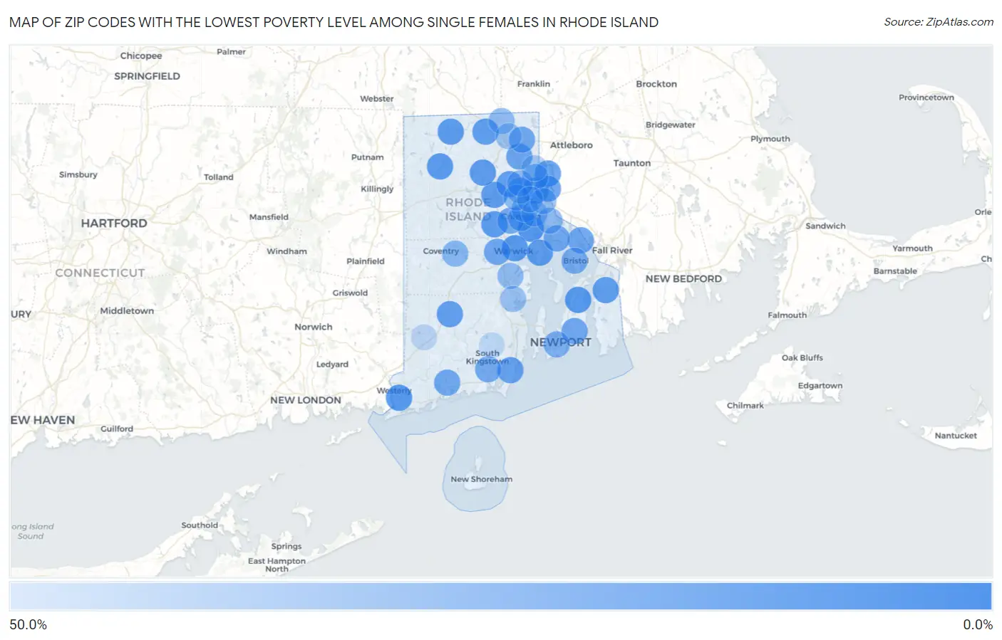 Zip Codes with the Lowest Poverty Level Among Single Females in Rhode Island Map
