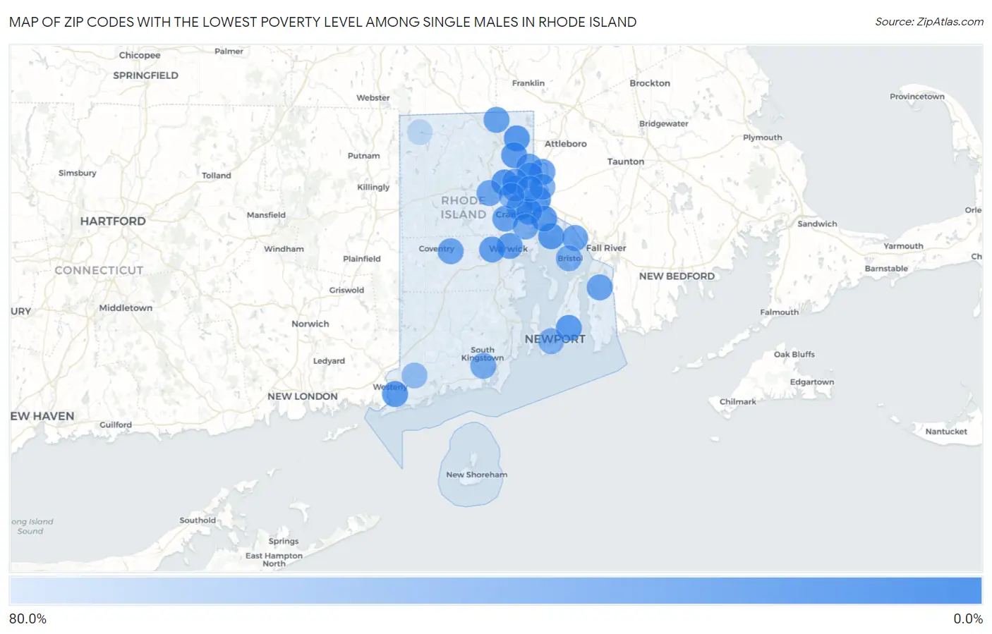 Zip Codes with the Lowest Poverty Level Among Single Males in Rhode Island Map