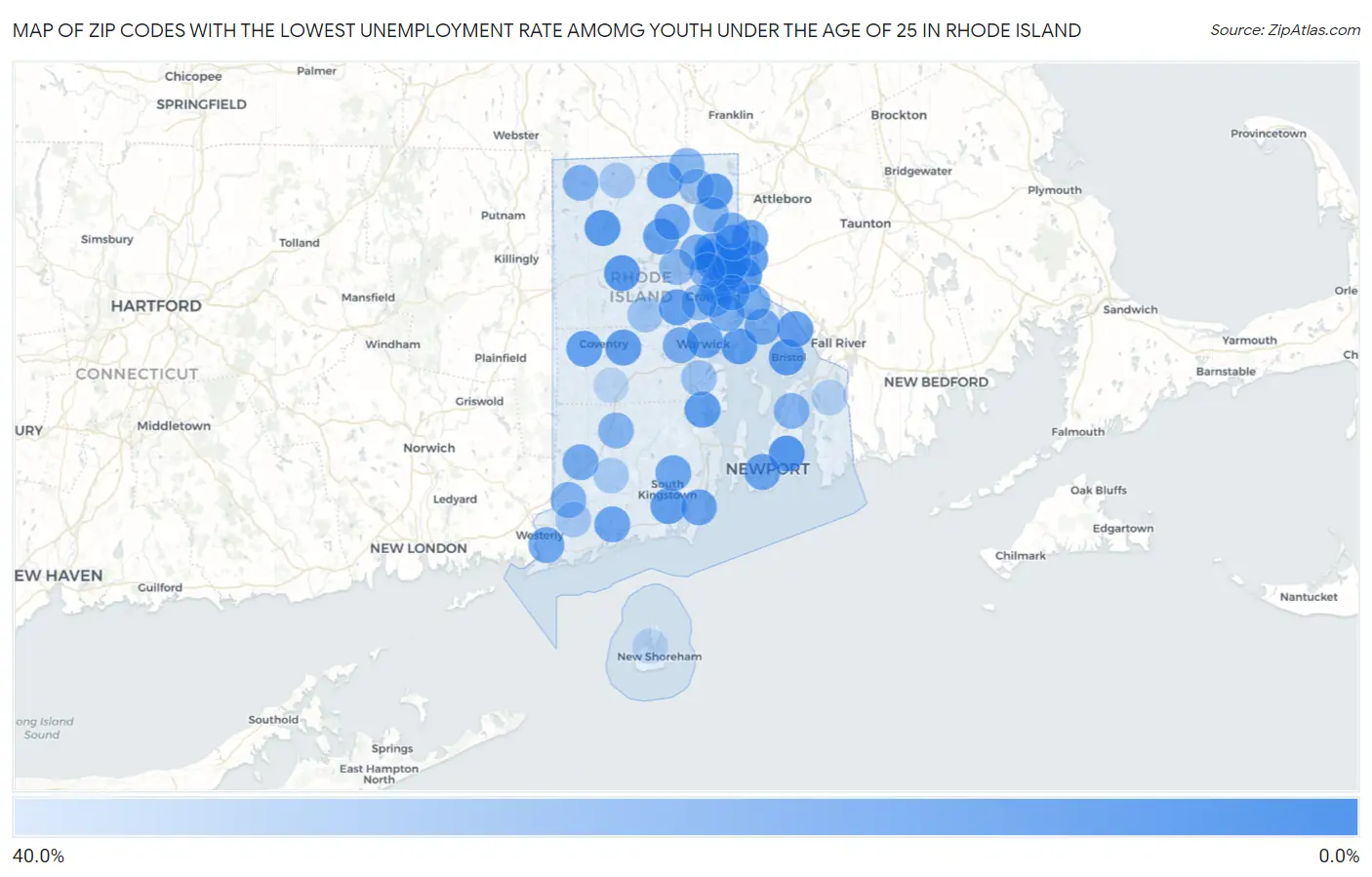 Zip Codes with the Lowest Unemployment Rate Amomg Youth Under the Age of 25 in Rhode Island Map