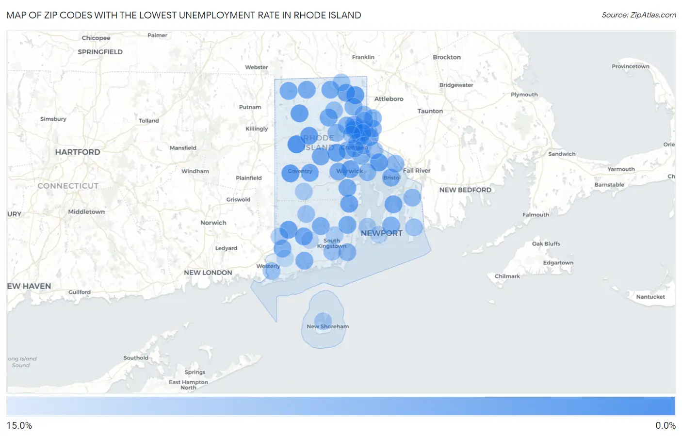 Zip Codes with the Lowest Unemployment Rate in Rhode Island Map