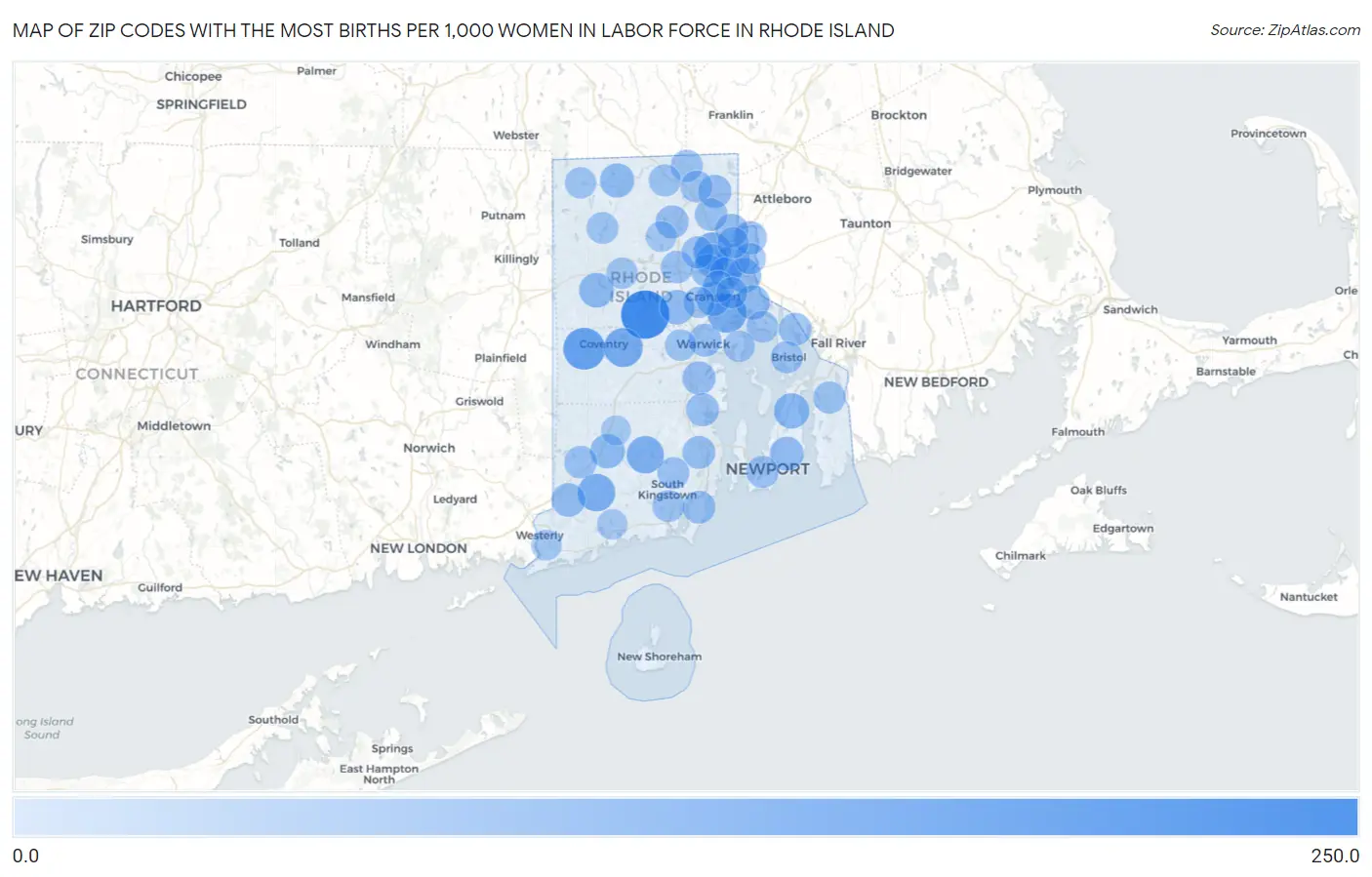 Zip Codes with the Most Births per 1,000 Women in Labor Force in Rhode Island Map
