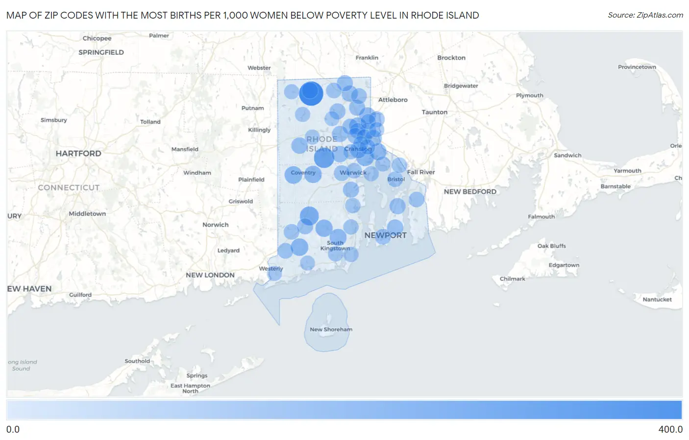Zip Codes with the Most Births per 1,000 Women Below Poverty Level in Rhode Island Map