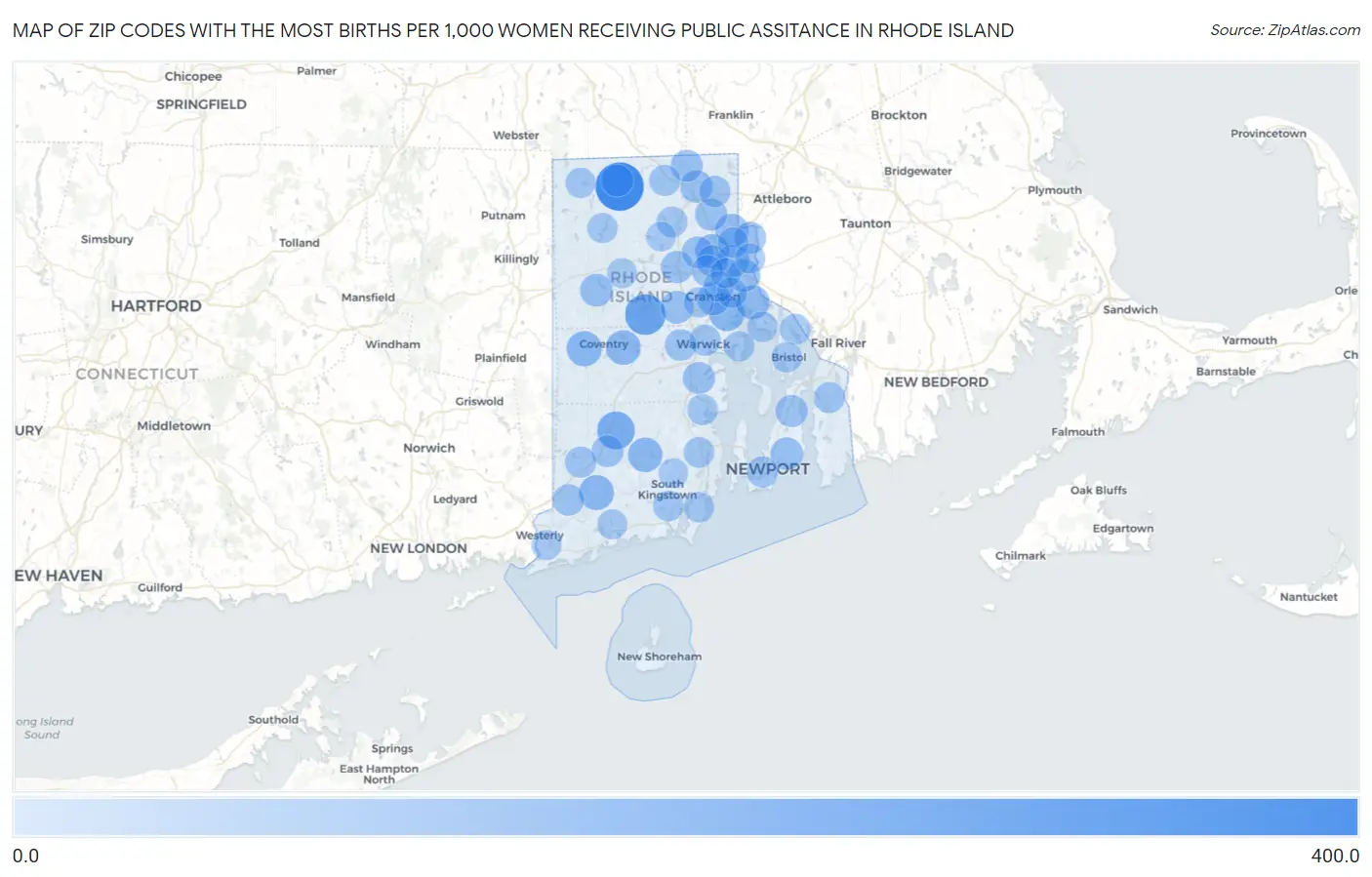 Zip Codes with the Most Births per 1,000 Women Receiving Public Assitance in Rhode Island Map