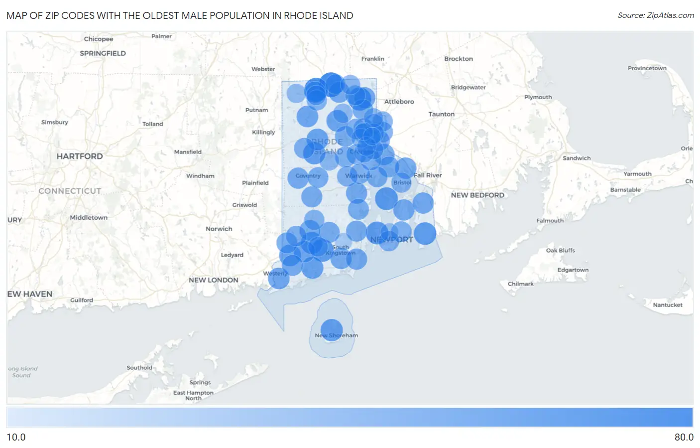 Zip Codes with the Oldest Male Population in Rhode Island Map