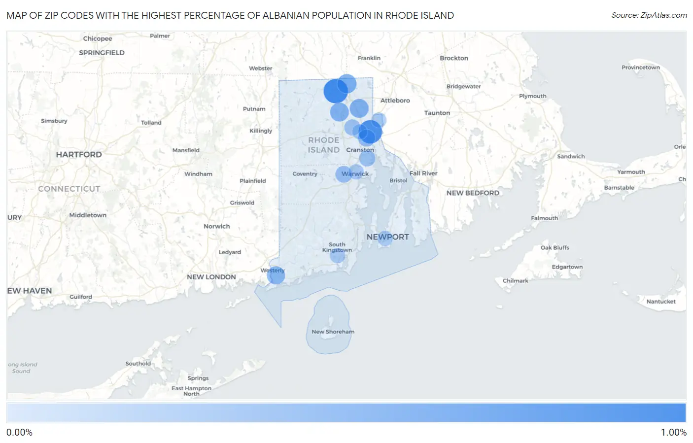 Zip Codes with the Highest Percentage of Albanian Population in Rhode Island Map