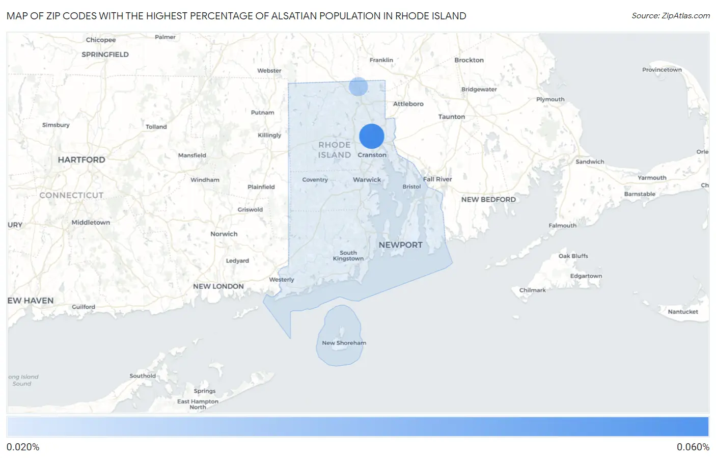 Zip Codes with the Highest Percentage of Alsatian Population in Rhode Island Map