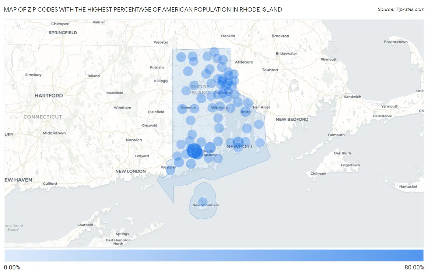 Zip Codes with the Highest Percentage of American Population in Rhode Island Map