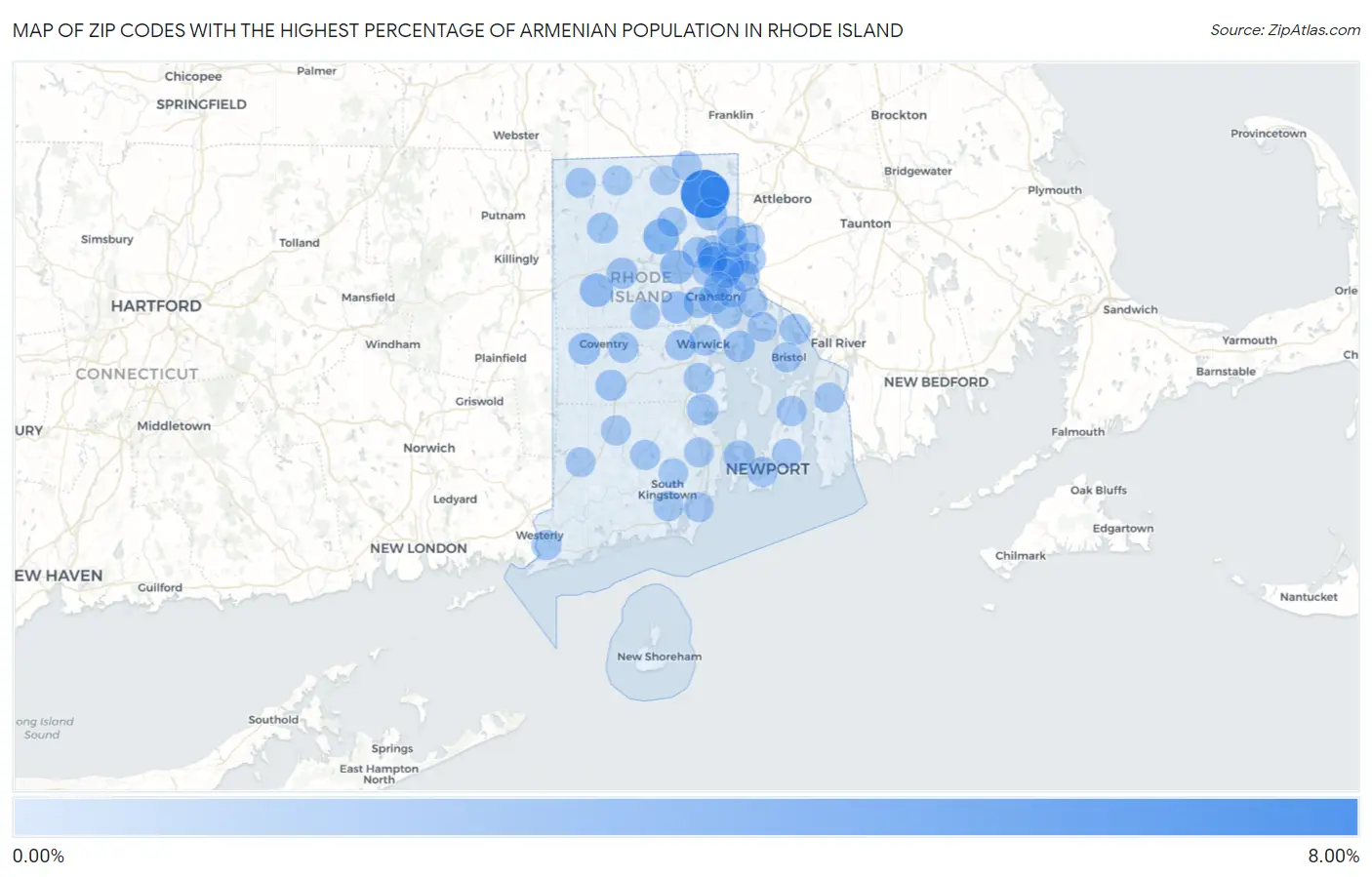 Zip Codes with the Highest Percentage of Armenian Population in Rhode Island Map