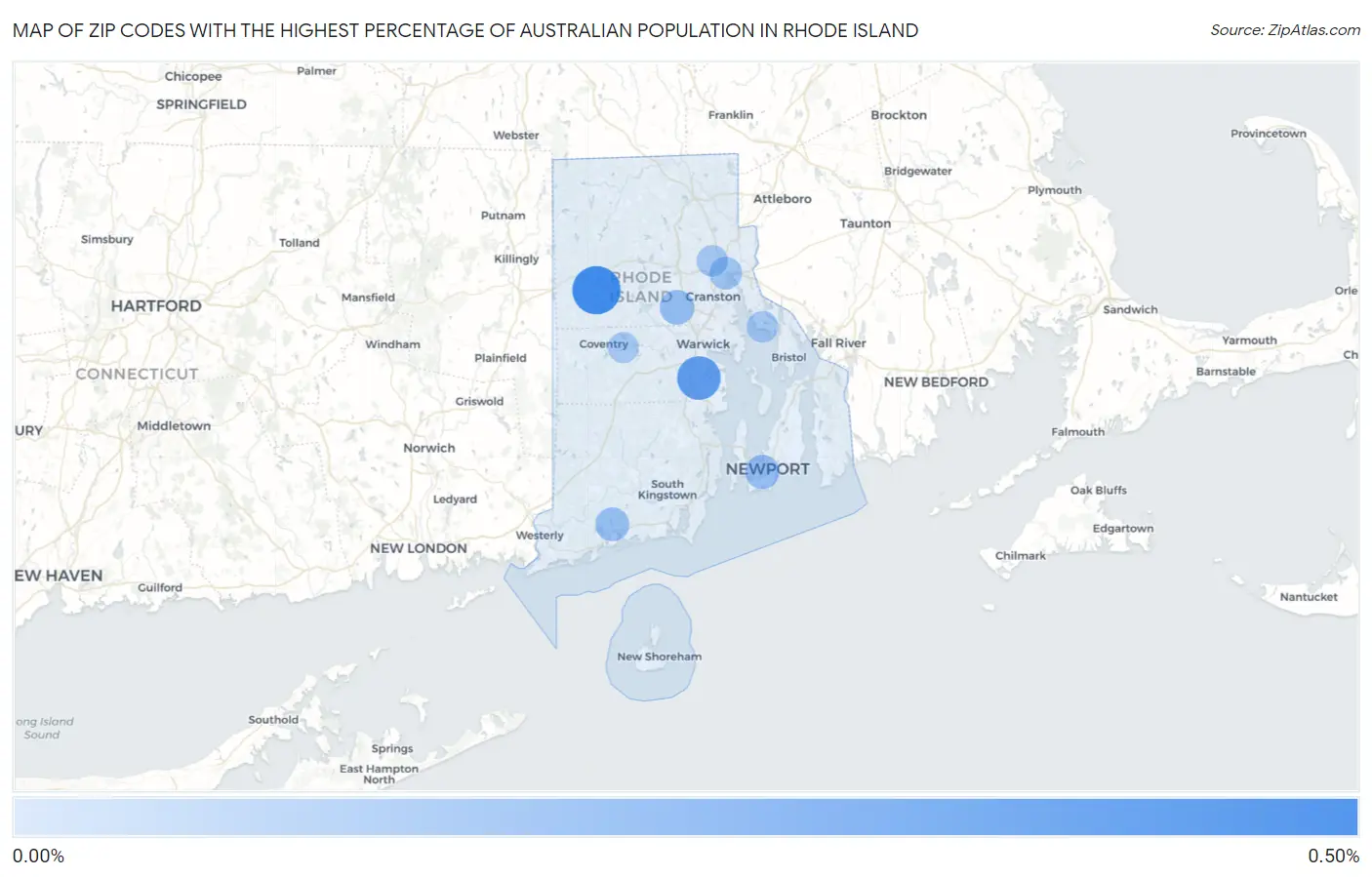 Zip Codes with the Highest Percentage of Australian Population in Rhode Island Map