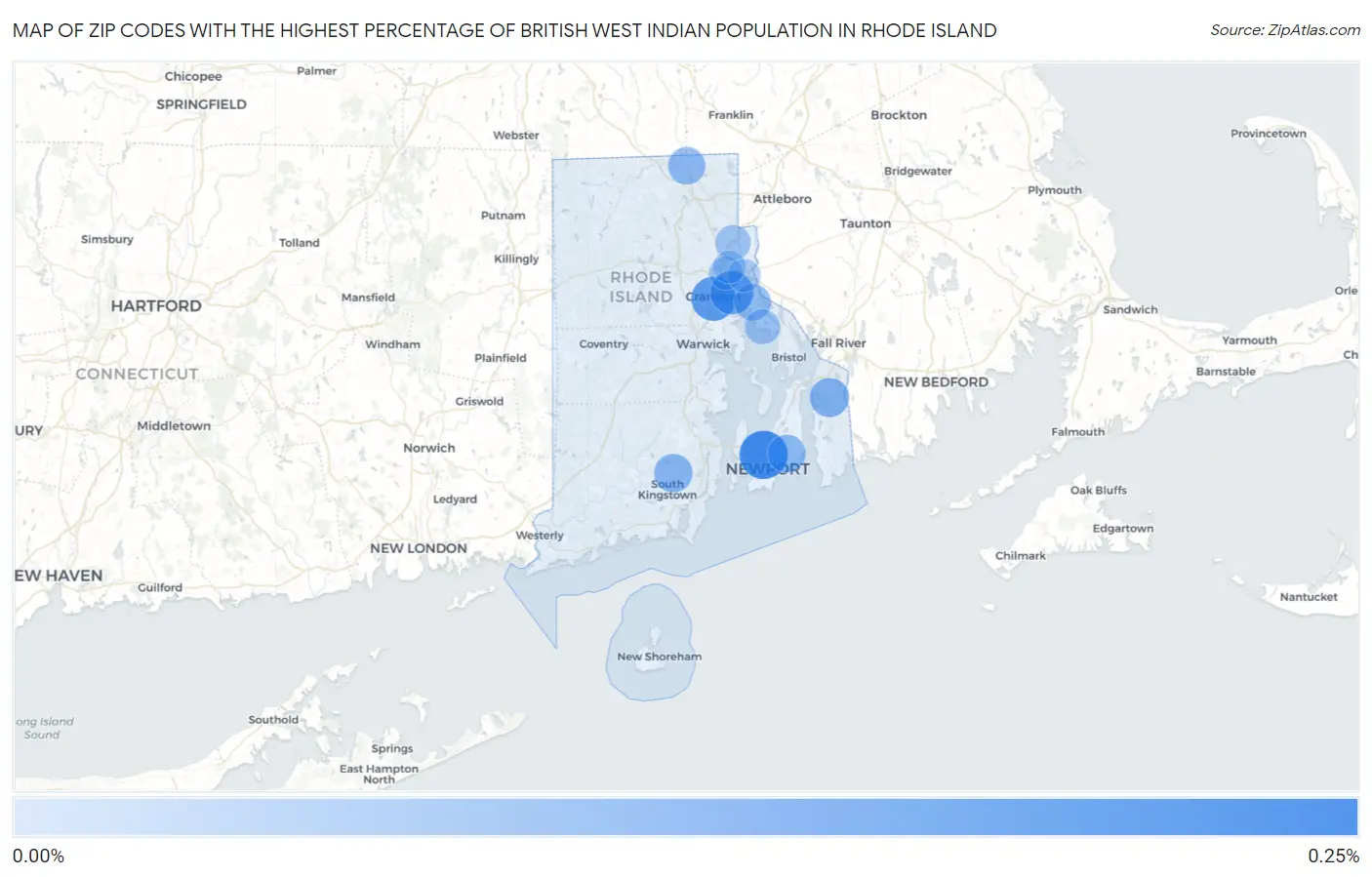 Zip Codes with the Highest Percentage of British West Indian Population in Rhode Island Map