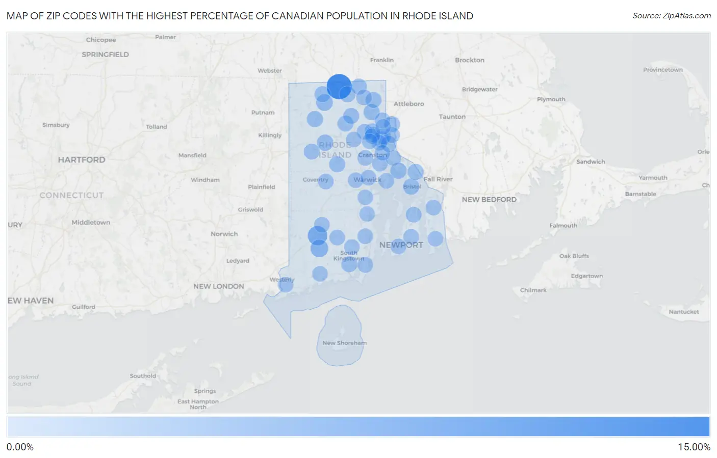 Zip Codes with the Highest Percentage of Canadian Population in Rhode Island Map
