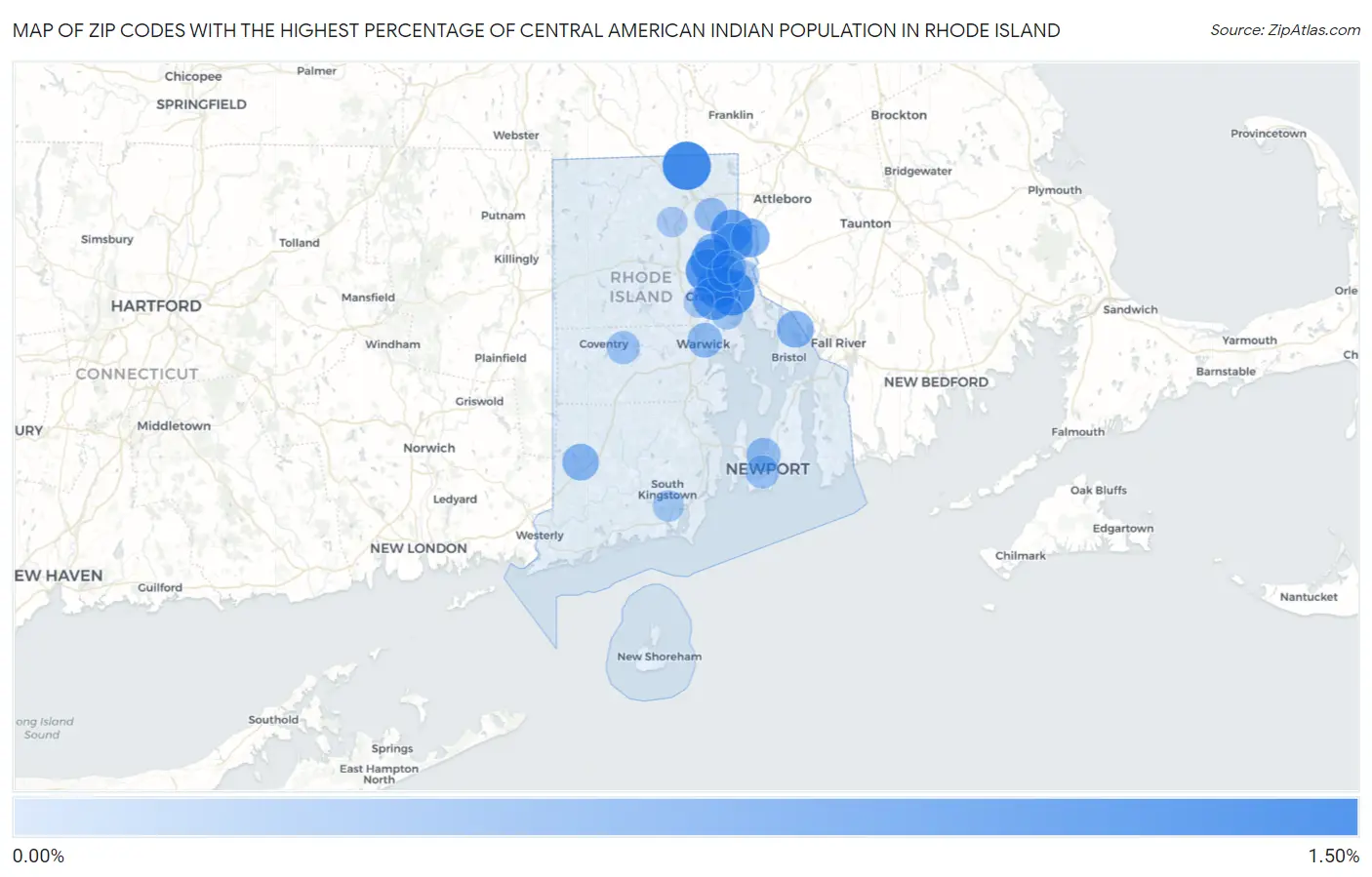 Zip Codes with the Highest Percentage of Central American Indian Population in Rhode Island Map