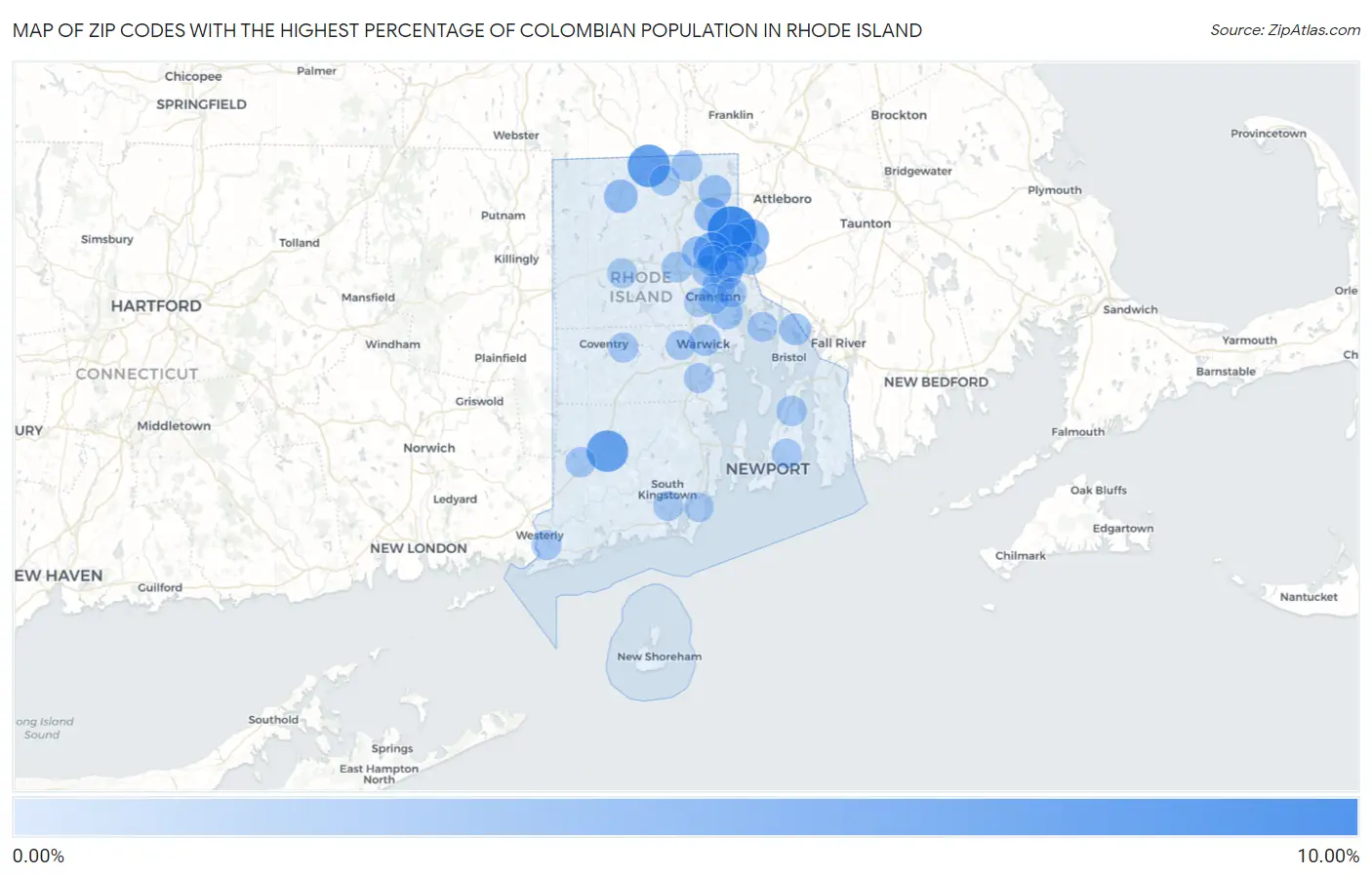 Zip Codes with the Highest Percentage of Colombian Population in Rhode Island Map