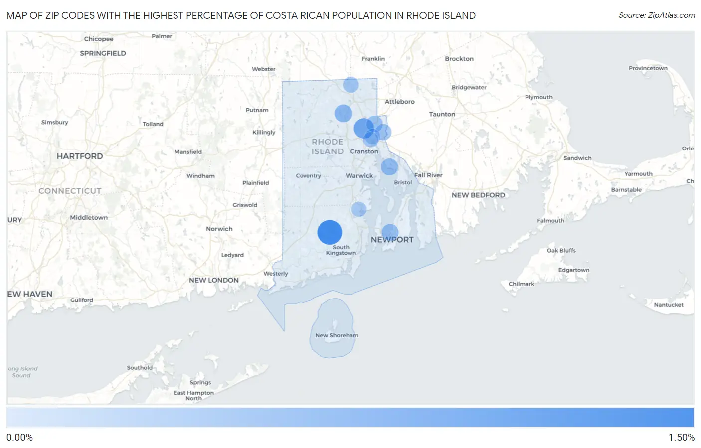 Zip Codes with the Highest Percentage of Costa Rican Population in Rhode Island Map