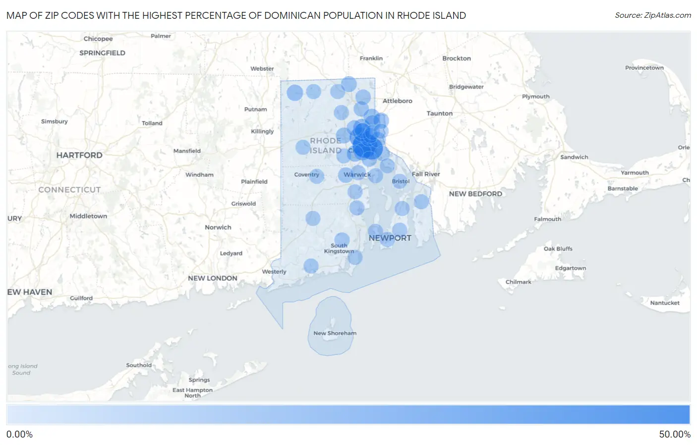 Zip Codes with the Highest Percentage of Dominican Population in Rhode Island Map