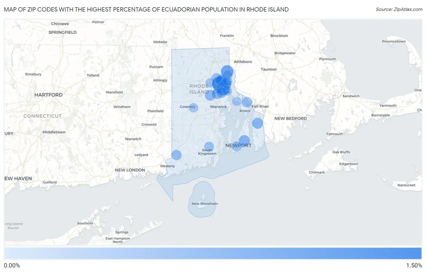 Zip Codes with the Highest Percentage of Ecuadorian Population in Rhode Island Map