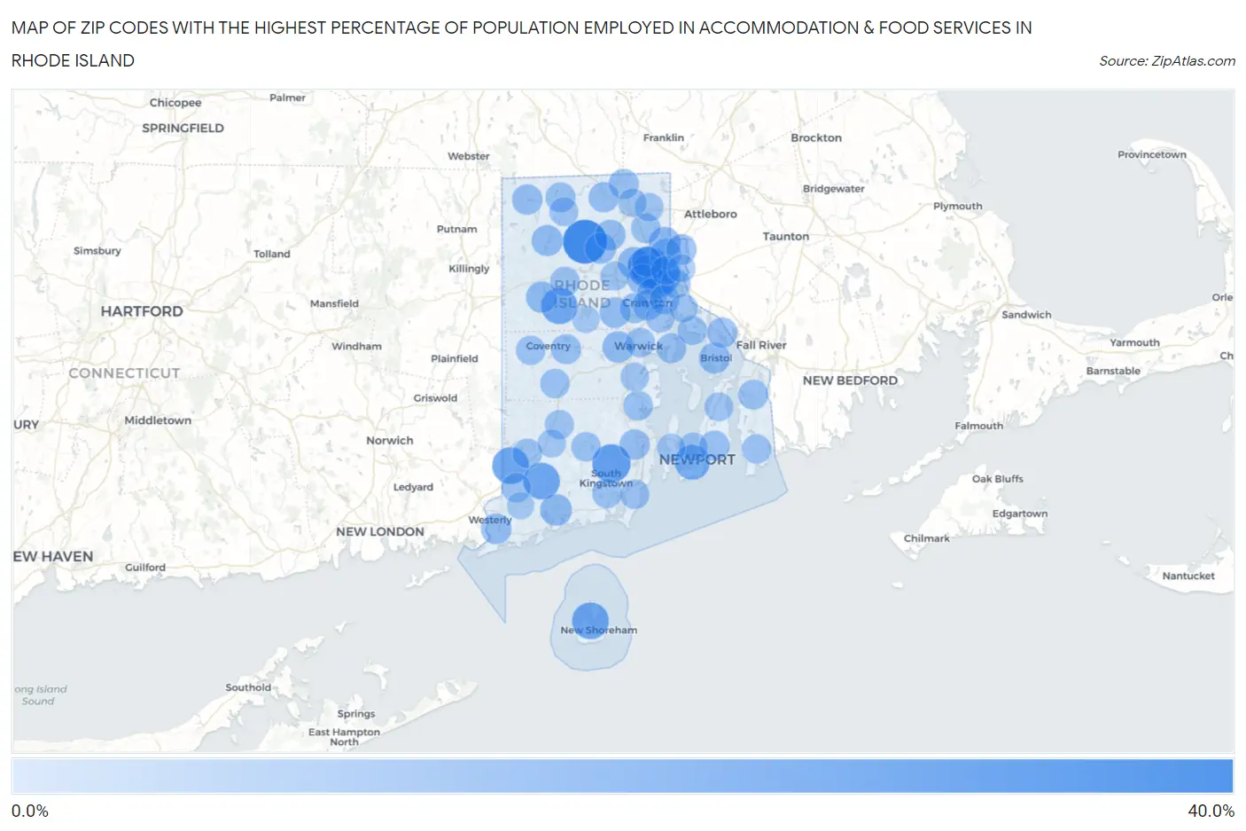 Zip Codes with the Highest Percentage of Population Employed in Accommodation & Food Services in Rhode Island Map