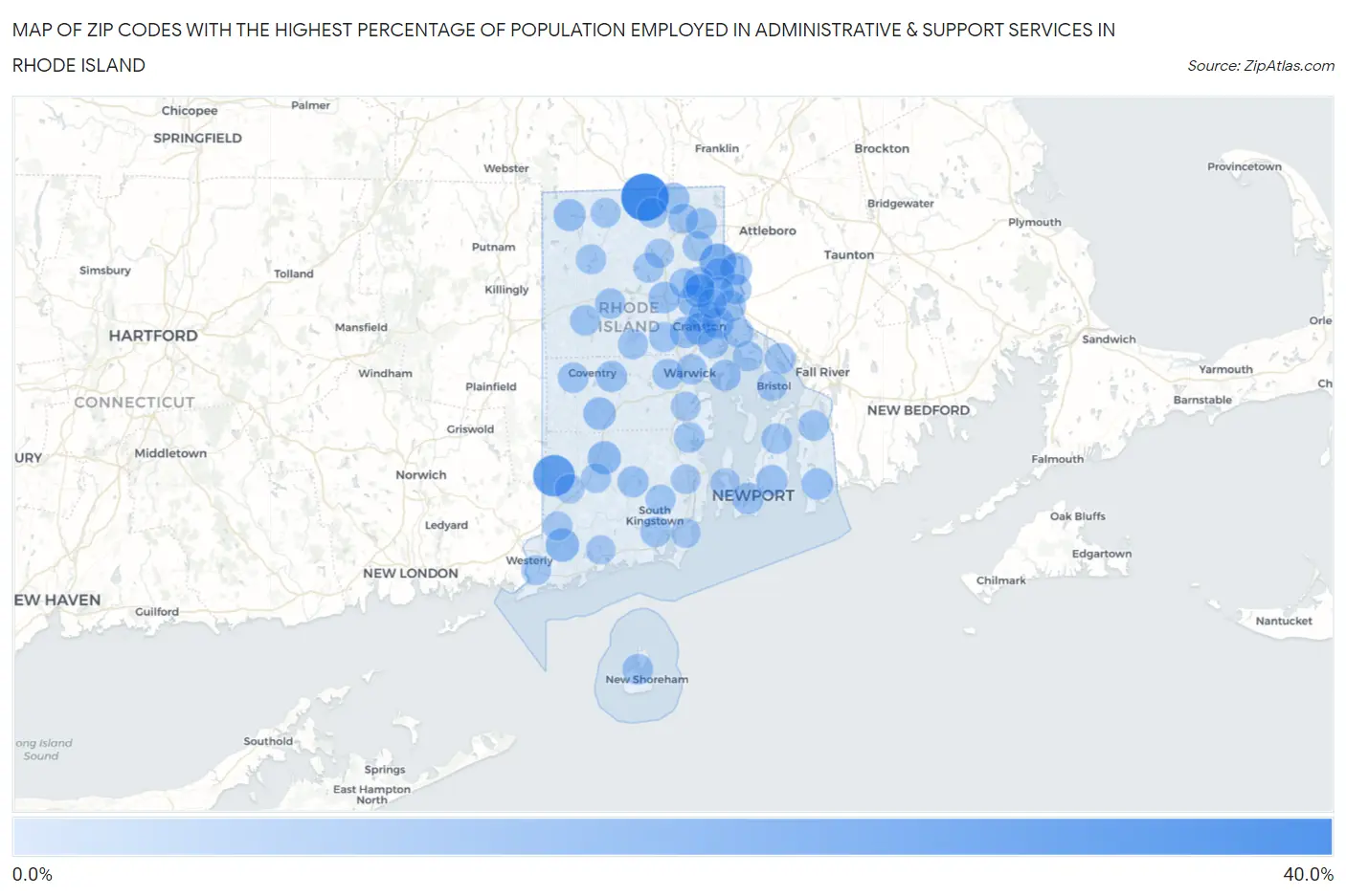 Zip Codes with the Highest Percentage of Population Employed in Administrative & Support Services in Rhode Island Map