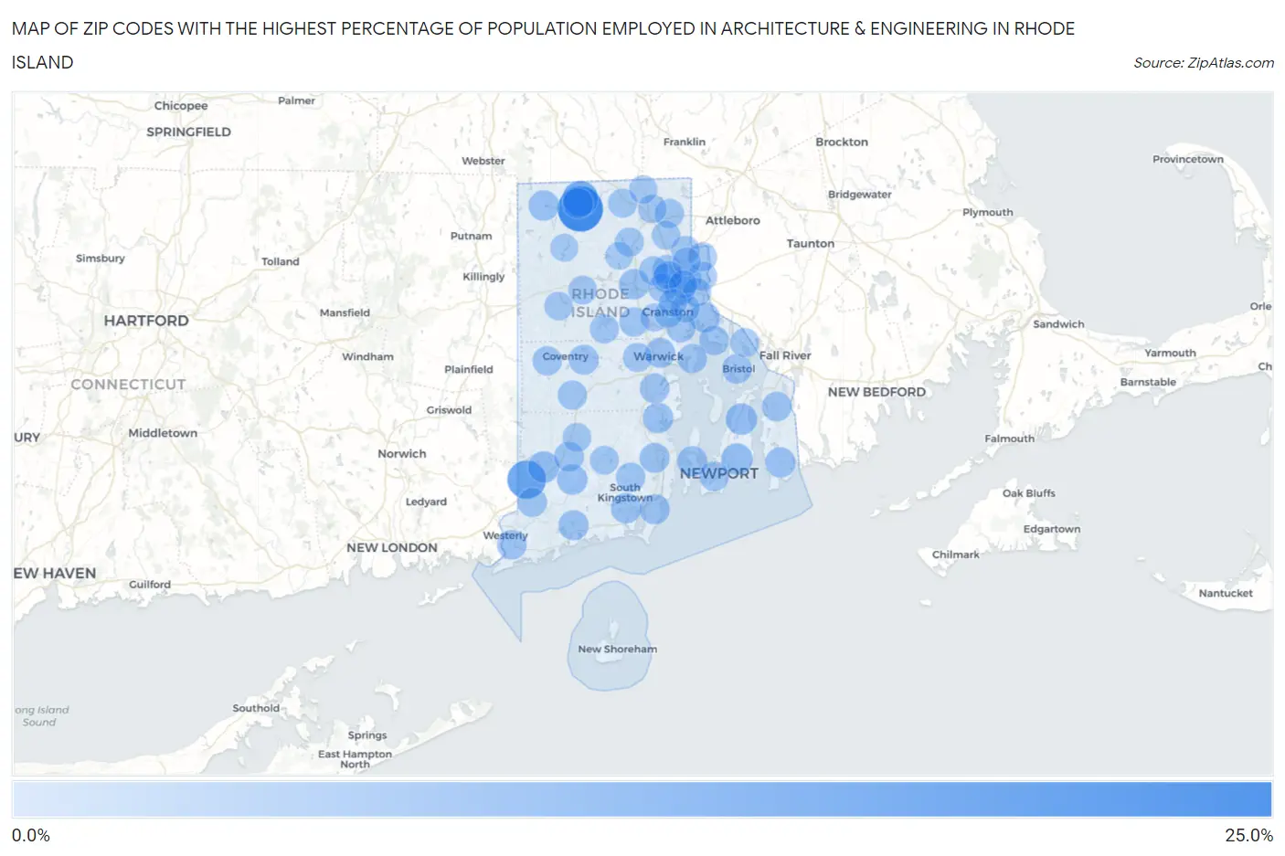 Zip Codes with the Highest Percentage of Population Employed in Architecture & Engineering in Rhode Island Map