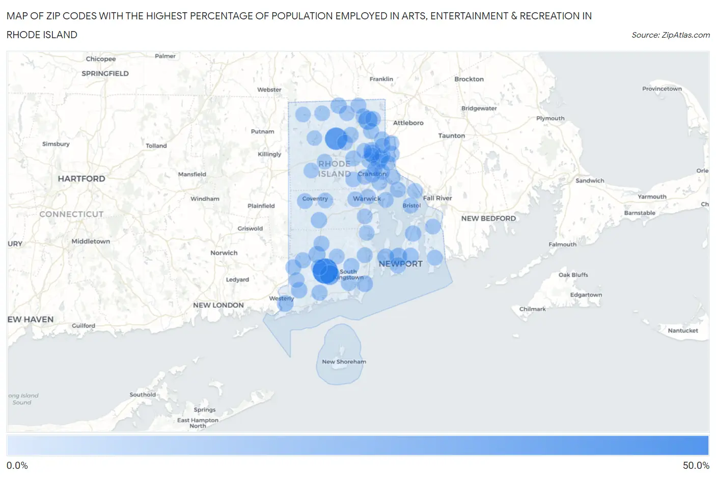 Zip Codes with the Highest Percentage of Population Employed in Arts, Entertainment & Recreation in Rhode Island Map