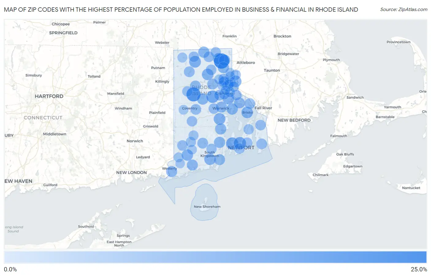Zip Codes with the Highest Percentage of Population Employed in Business & Financial in Rhode Island Map
