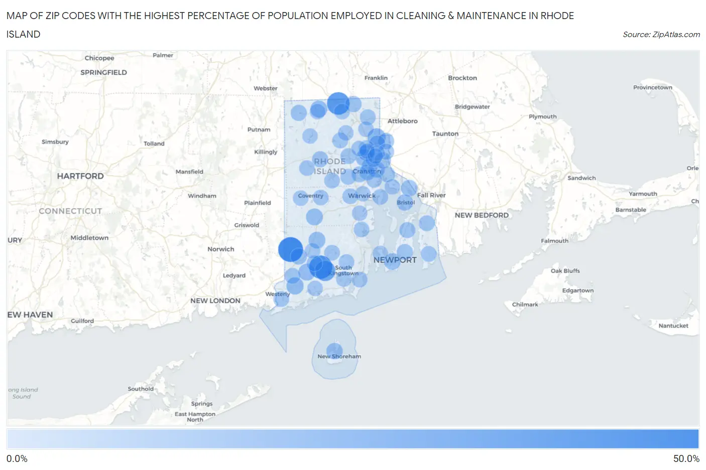 Zip Codes with the Highest Percentage of Population Employed in Cleaning & Maintenance in Rhode Island Map