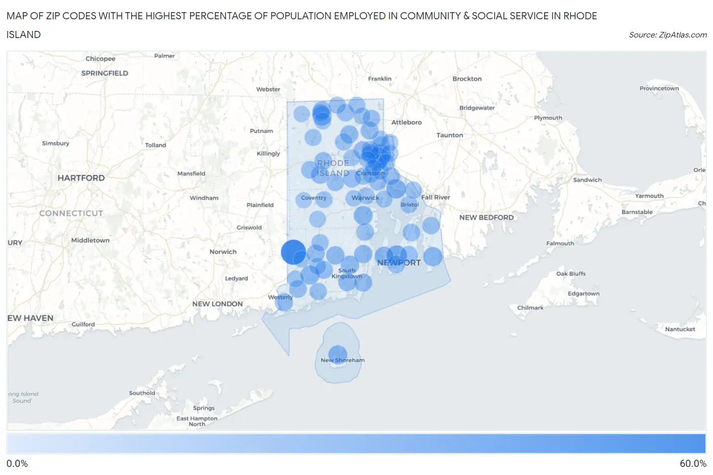 Zip Codes with the Highest Percentage of Population Employed in Community & Social Service  in Rhode Island Map
