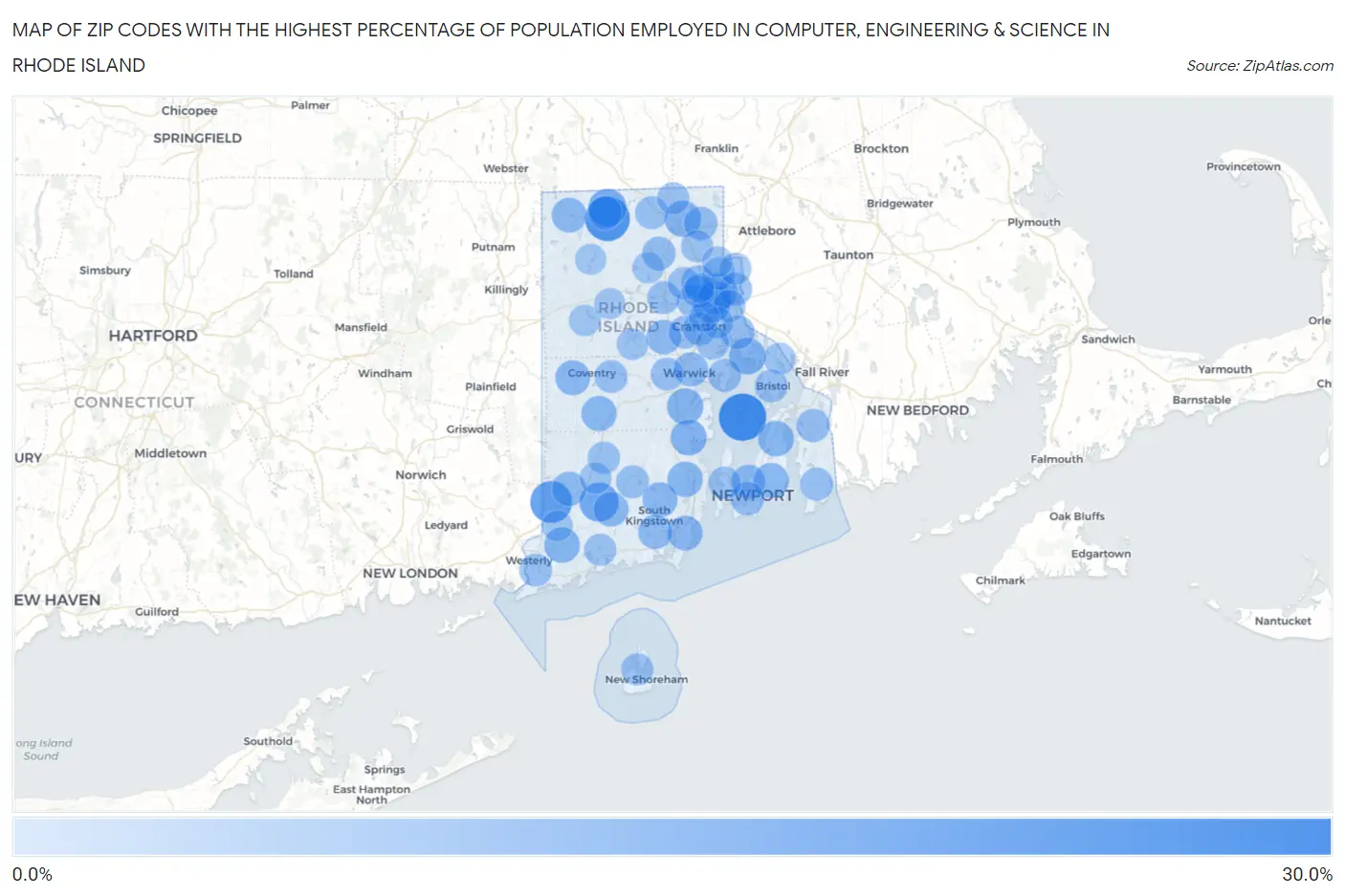 Zip Codes with the Highest Percentage of Population Employed in Computer, Engineering & Science in Rhode Island Map