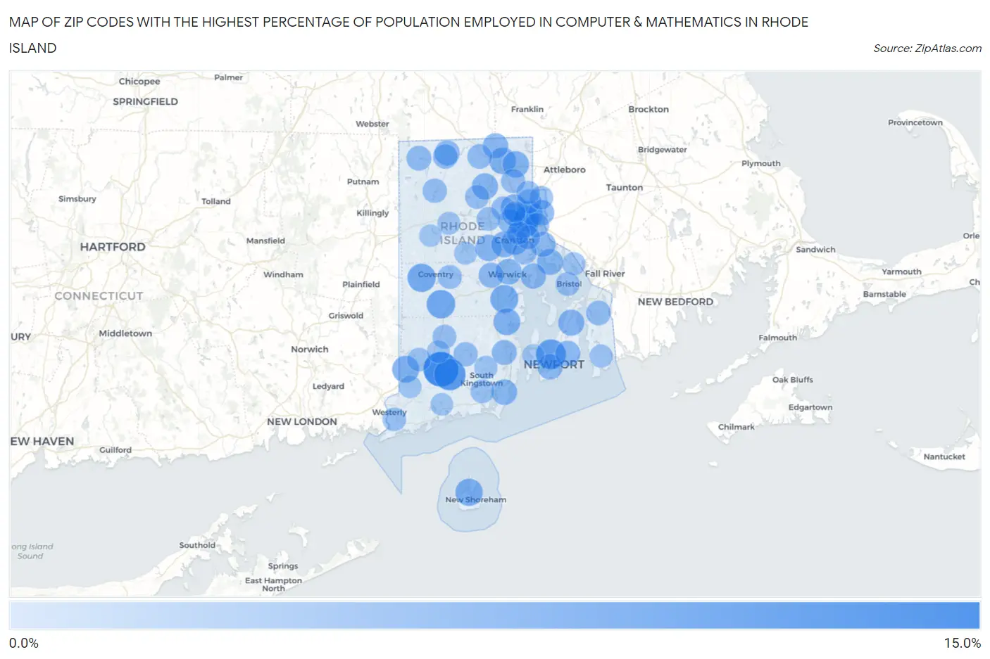 Zip Codes with the Highest Percentage of Population Employed in Computer & Mathematics in Rhode Island Map