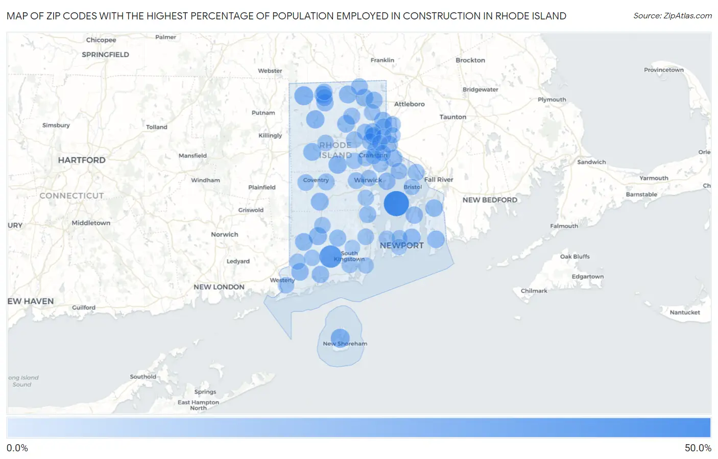 Zip Codes with the Highest Percentage of Population Employed in Construction in Rhode Island Map