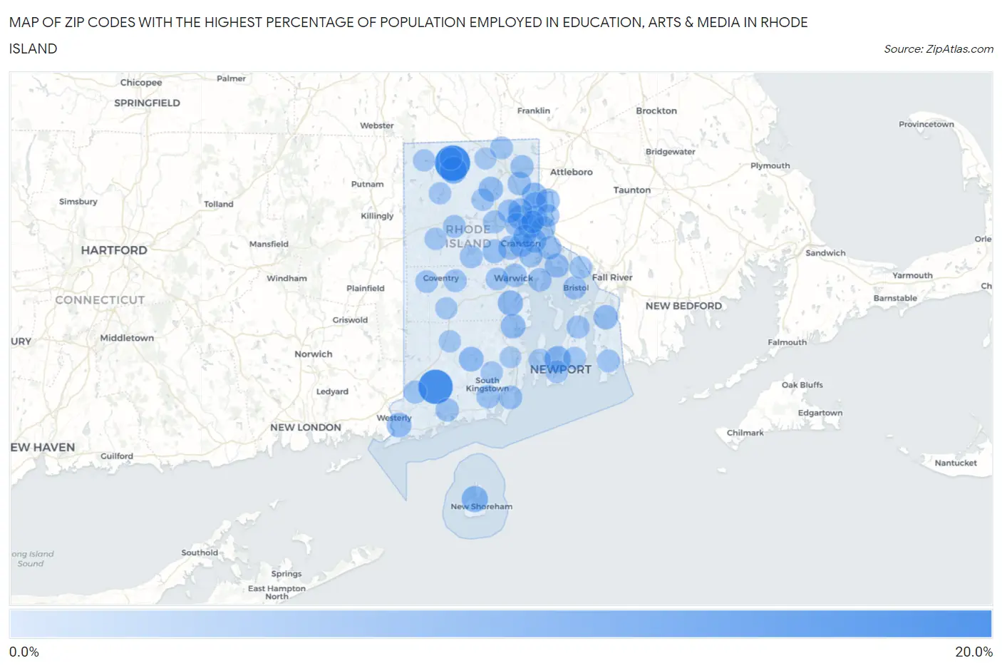 Zip Codes with the Highest Percentage of Population Employed in Education, Arts & Media in Rhode Island Map