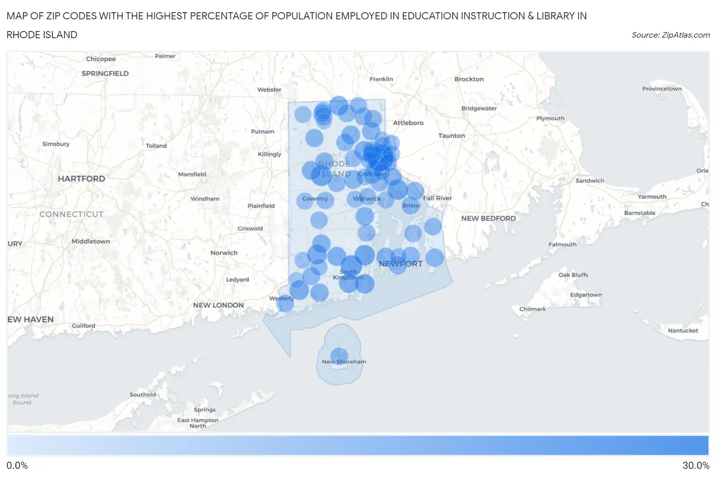 Zip Codes with the Highest Percentage of Population Employed in Education Instruction & Library in Rhode Island Map