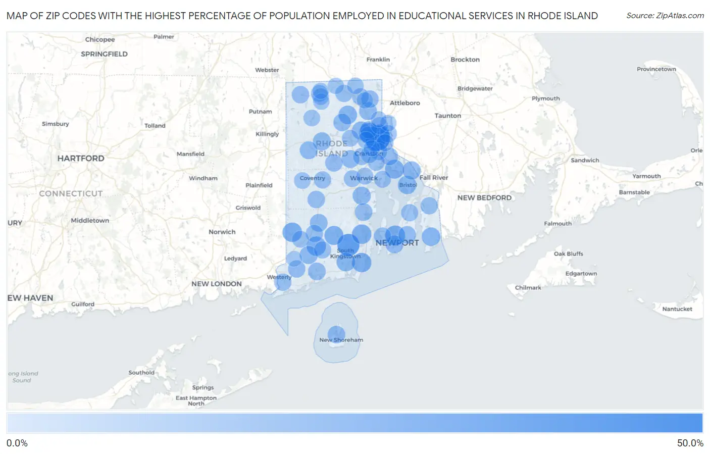 Zip Codes with the Highest Percentage of Population Employed in Educational Services in Rhode Island Map