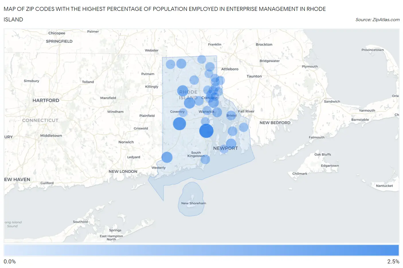 Zip Codes with the Highest Percentage of Population Employed in Enterprise Management in Rhode Island Map