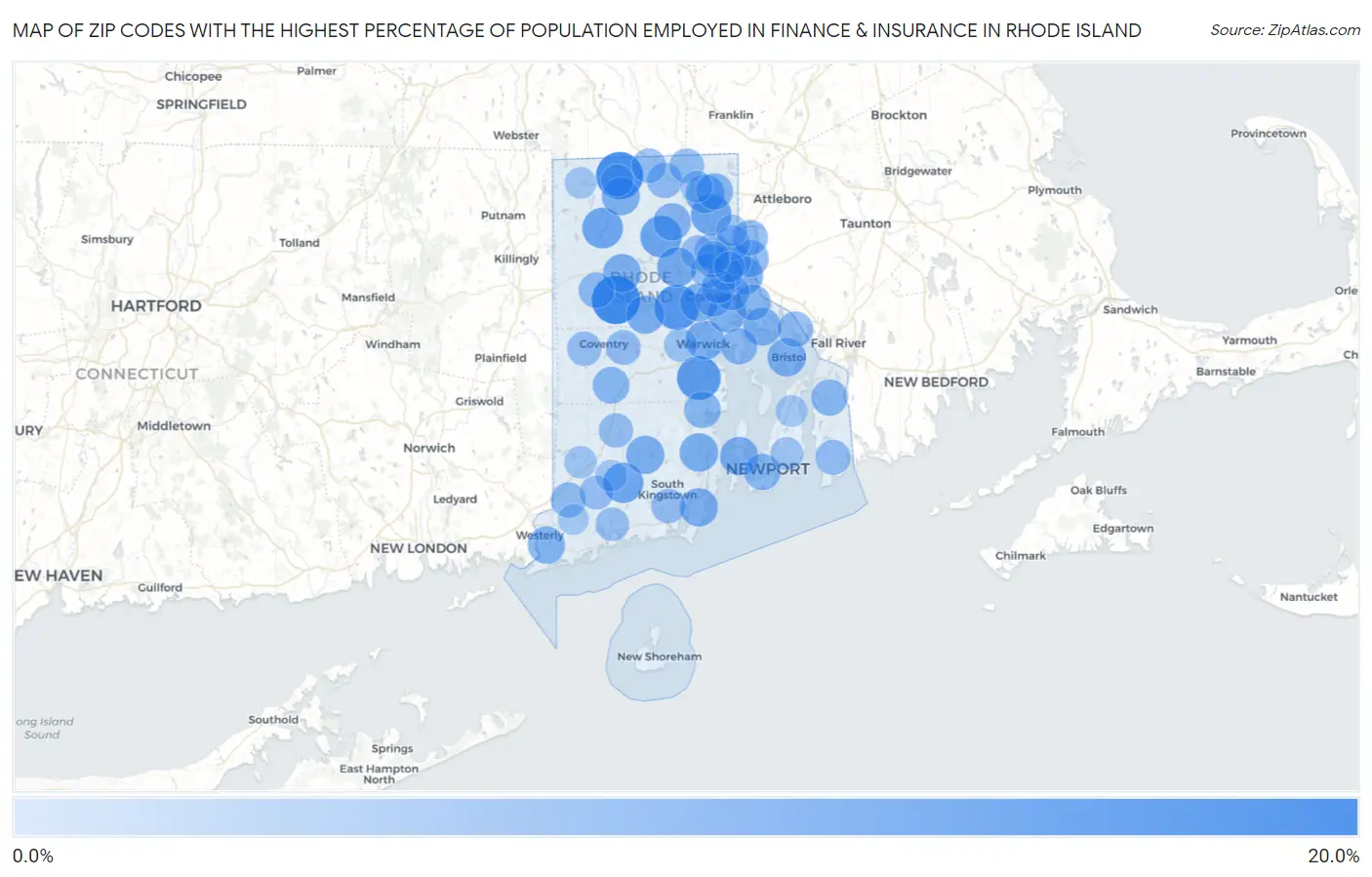 Zip Codes with the Highest Percentage of Population Employed in Finance & Insurance in Rhode Island Map