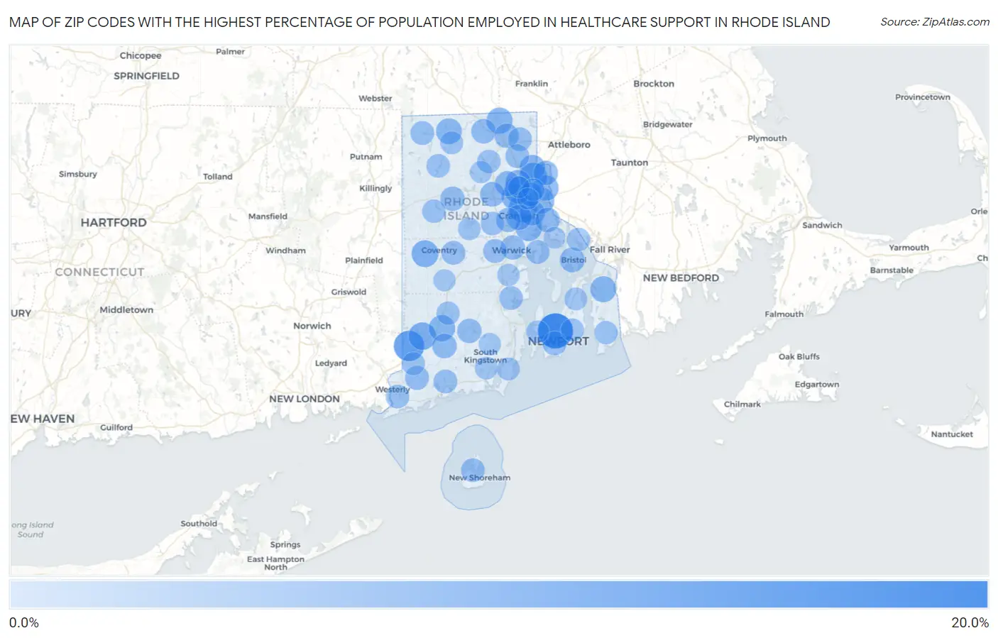 Zip Codes with the Highest Percentage of Population Employed in Healthcare Support in Rhode Island Map
