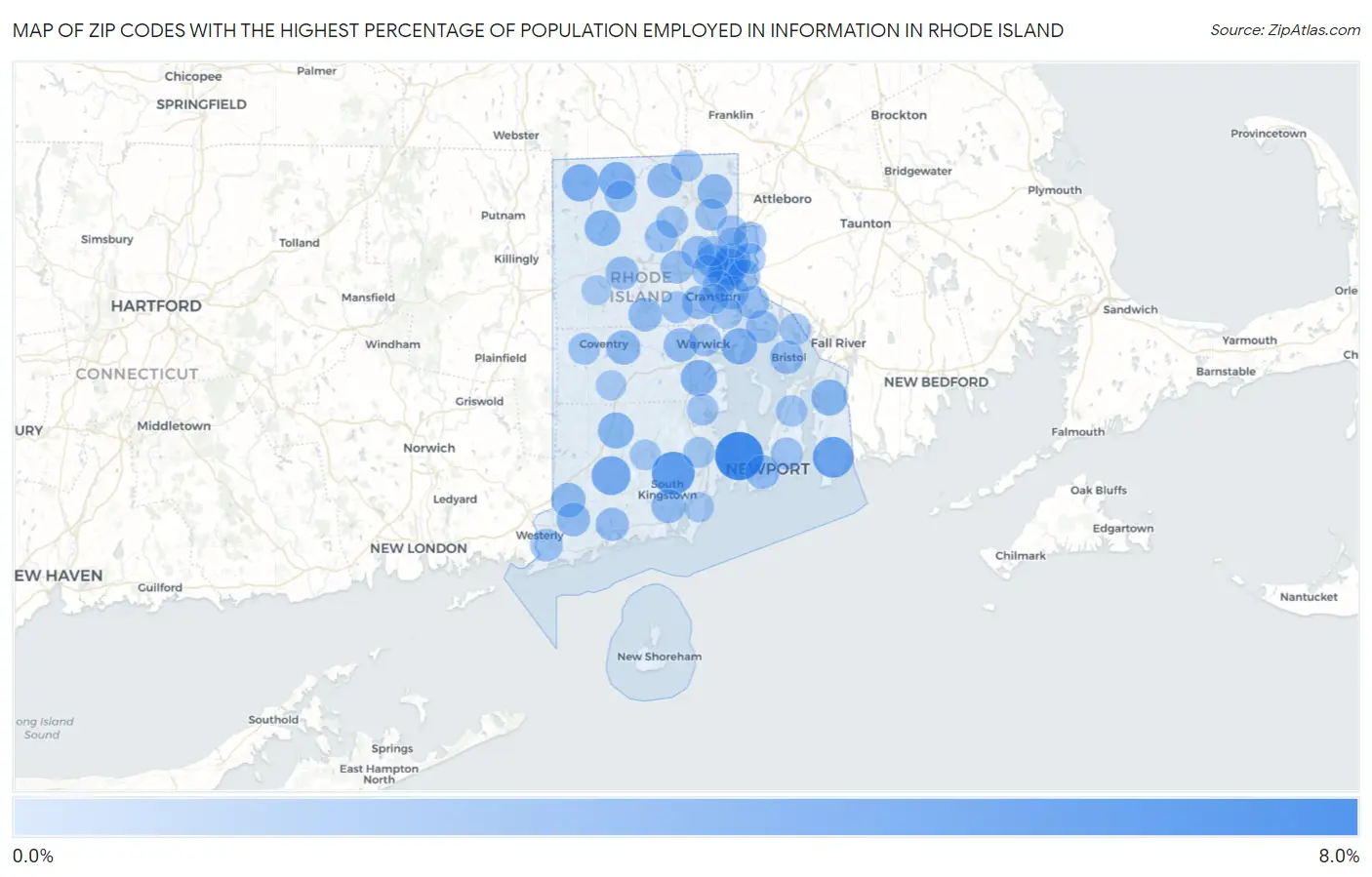 Zip Codes with the Highest Percentage of Population Employed in Information in Rhode Island Map
