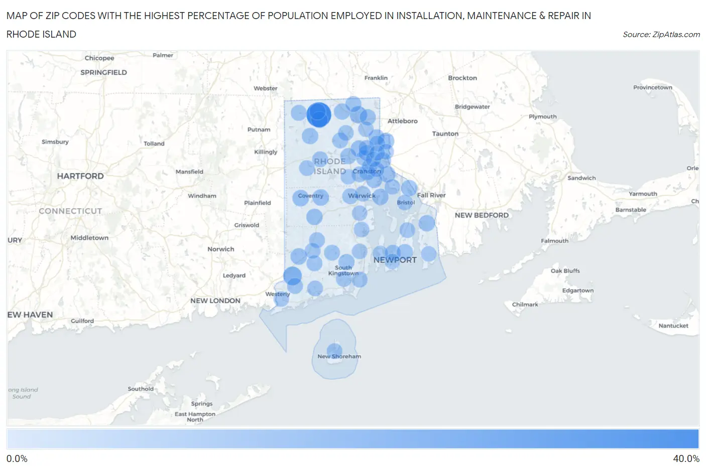 Zip Codes with the Highest Percentage of Population Employed in Installation, Maintenance & Repair in Rhode Island Map