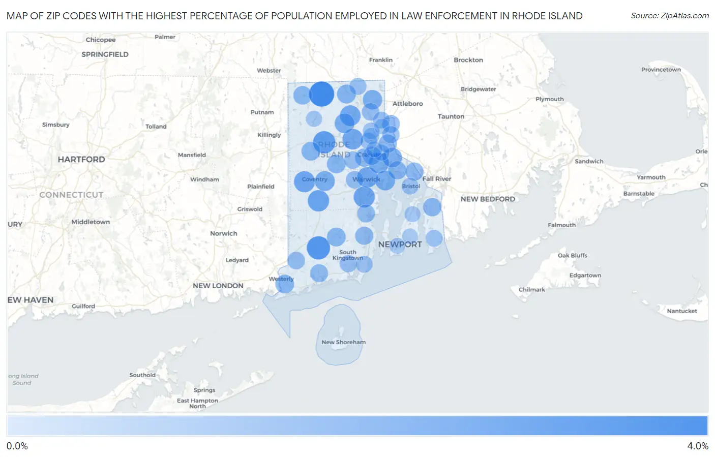 Zip Codes with the Highest Percentage of Population Employed in Law Enforcement in Rhode Island Map